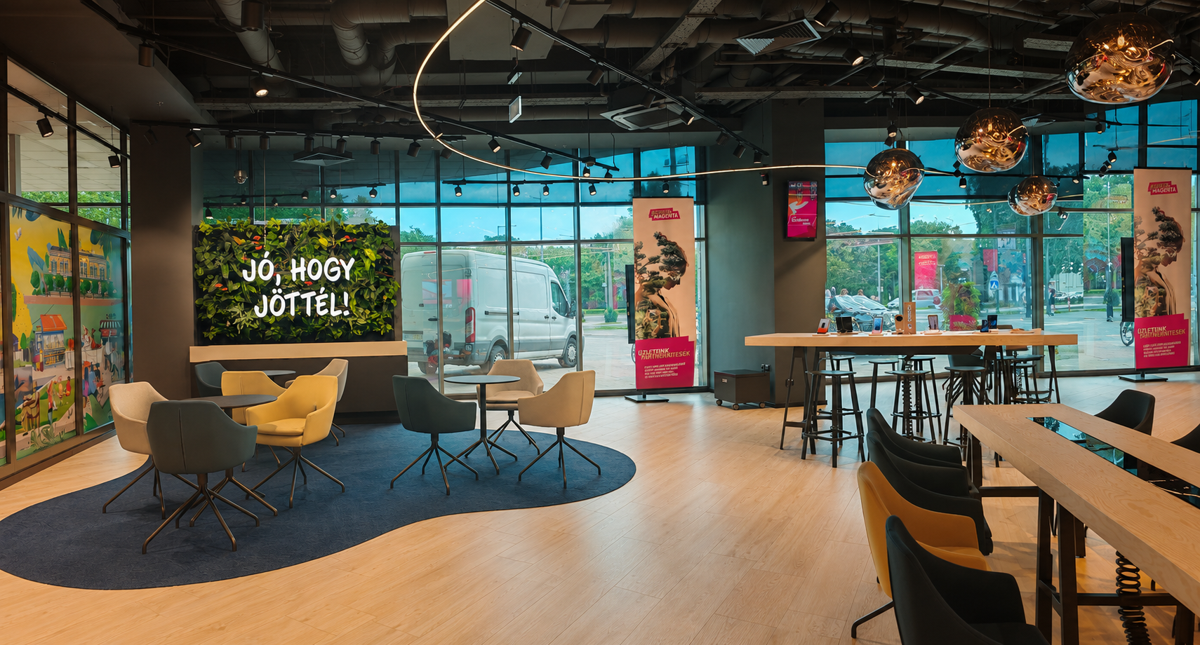 Telekom store interior with green living wall and lounge, Békéscsaba